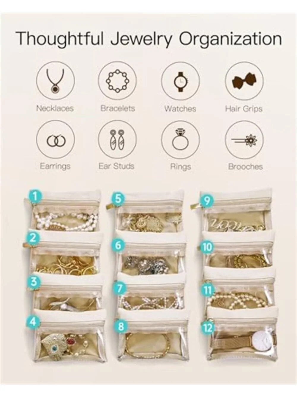 White Travel Jewelry Box Organizer Case 12 Velvet Pouches Necklace Earring Ring